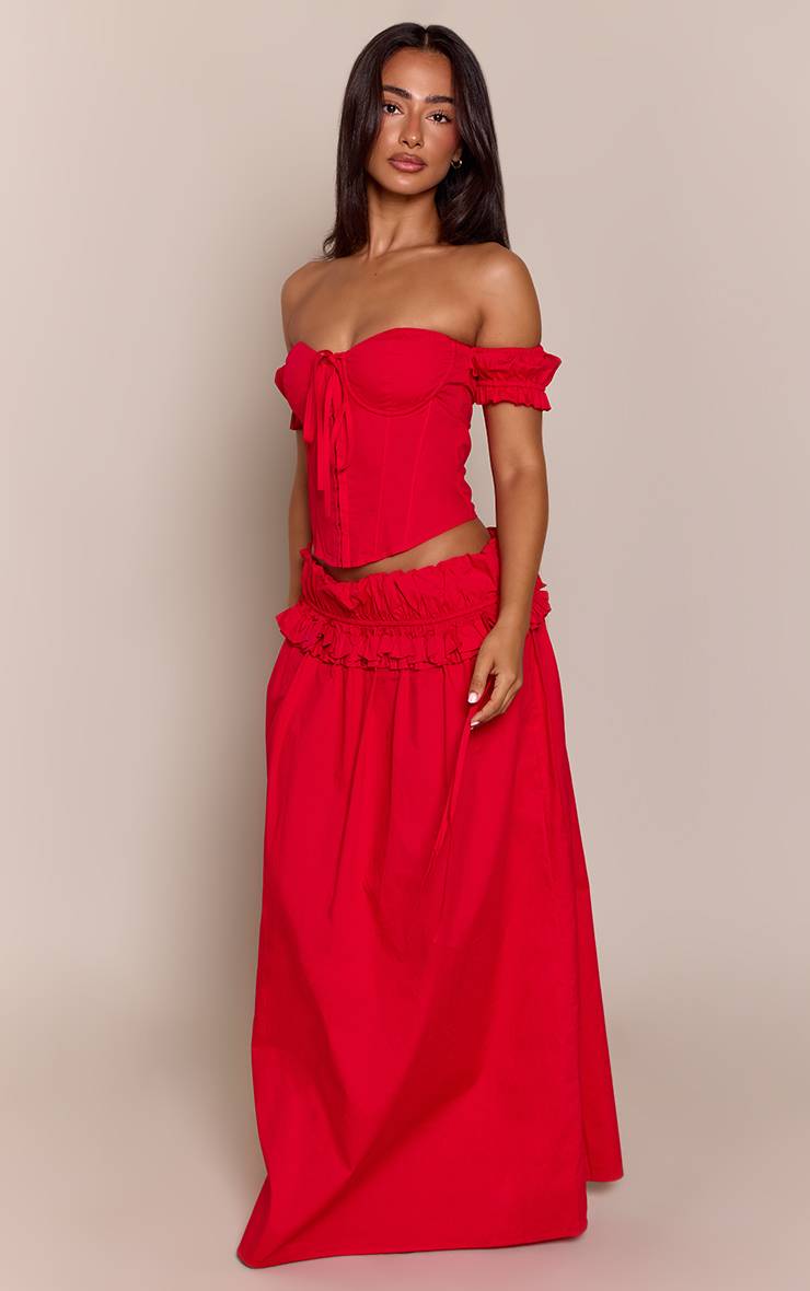 Rouge Jupe Longue Fluide Coordonnée Petite Avec Taille À Volants En Tissu Tissé