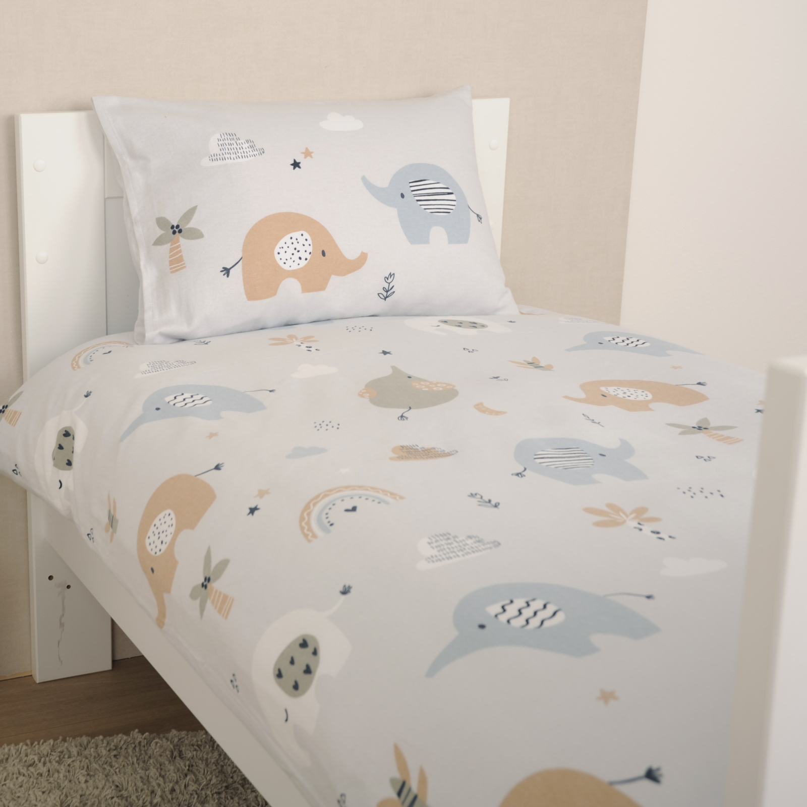 Flanell-Bettwäsche ELEPHANTS - grau-mehrfarbig - 100x135 cm