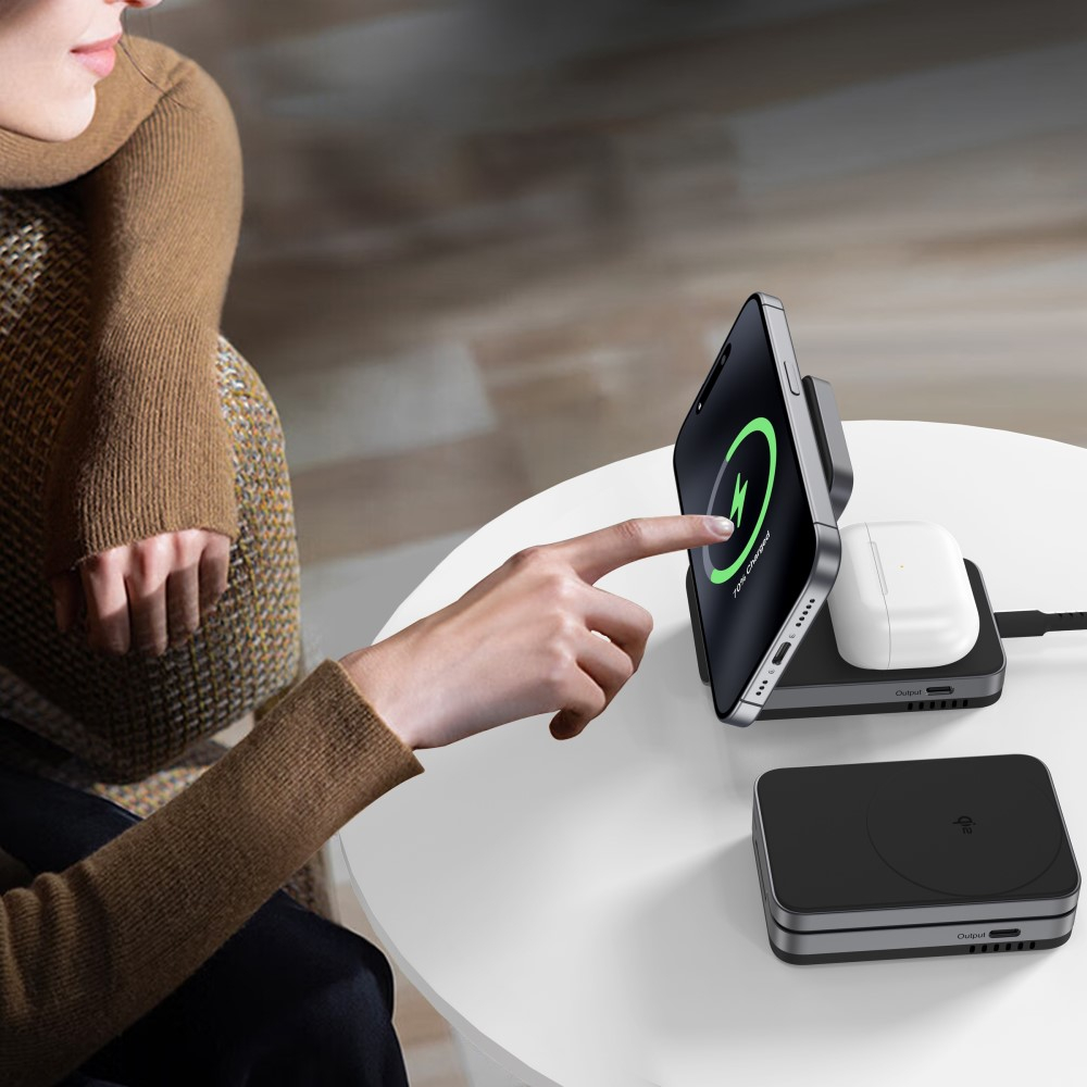 (15W) 2in1 Magnetisches Ladegerät Qi Wireless Charger Ladegerät Faltbare Ladestation für Apple iPhone / Apple Airpods - Schwarz