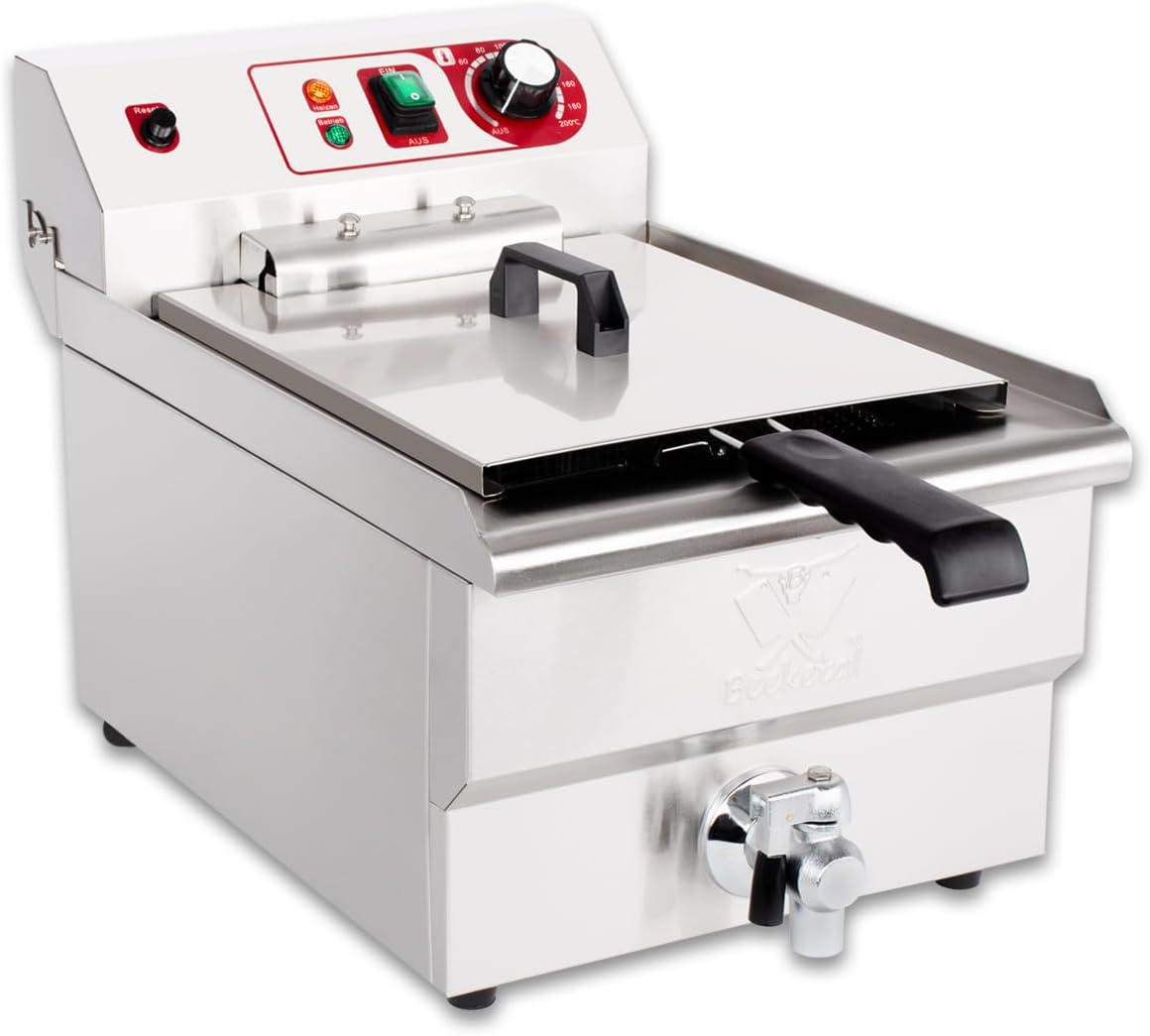 Beeketal 'BWF-131' Profi Gastronomie Kaltzonen Fritteuse (13l Volumen für max. 8,5l Öl) Gastro Imbis Friteuse mit Ein/Aus Schalter, Doppelheizspirale und Fettablaufhahn - 400V Starkstrom