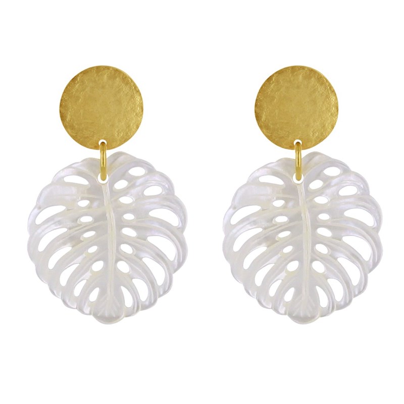Boucles d'Oreilles Clous Laiton Mat Pastille Brossée Feuille Ajourée en Nacre