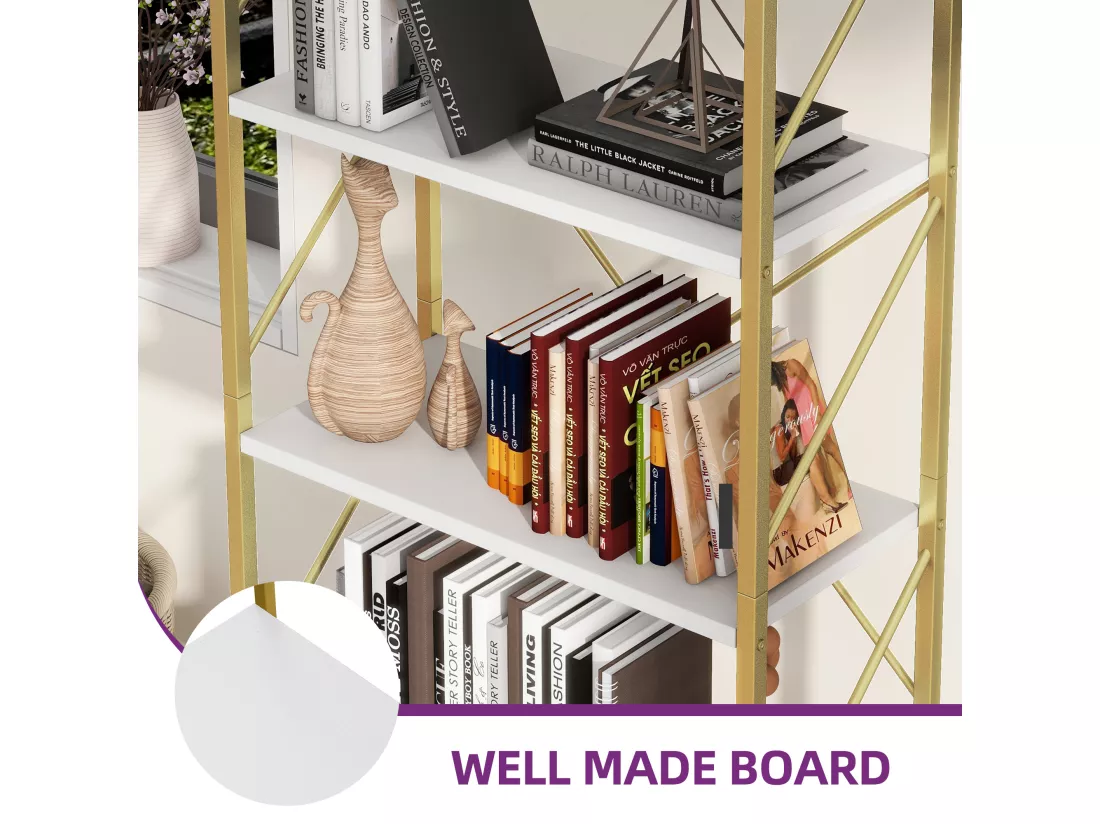 YITAHOME Bibliothèque à 5 niveaux, étagère de rangement, étagères pour livres, 30x60x158cm (Blanc&Or)