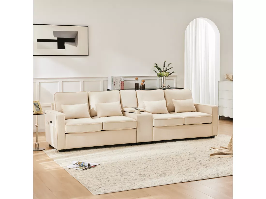 Canapé 4 places - 290 x 83 x 88 cm - avec 2 porte-gobelets, 2 ports USB, 2 poches et 4 coussins - Tissu en lin - Beige