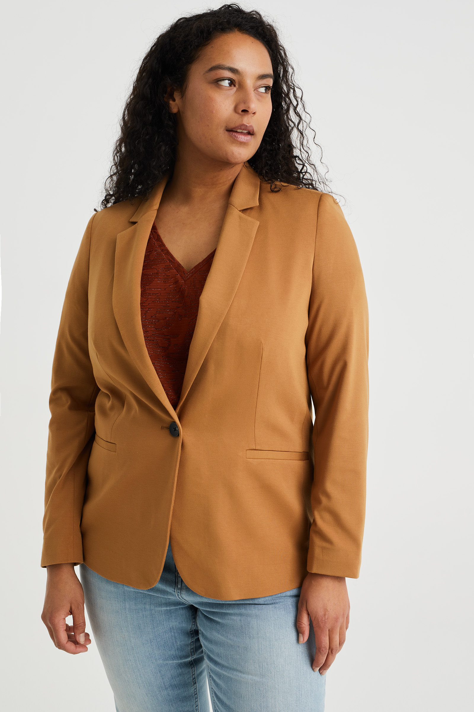 getailleerde jersey stretch blazer -  Curve WE Fashion Caramel