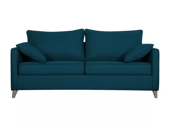 Canapé convertible scandinave 3 places en tissu bleu canard et bois clair avec matelas 10 cm PAPEL