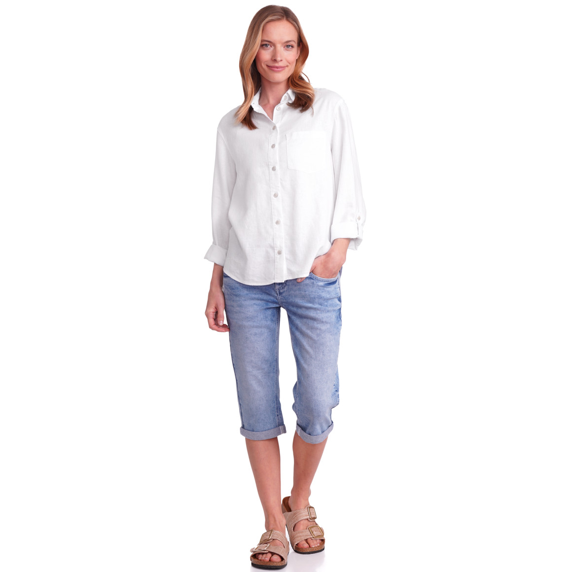 Gina Benotti Damen Leinen-Bluse mit Brusttasche weiss