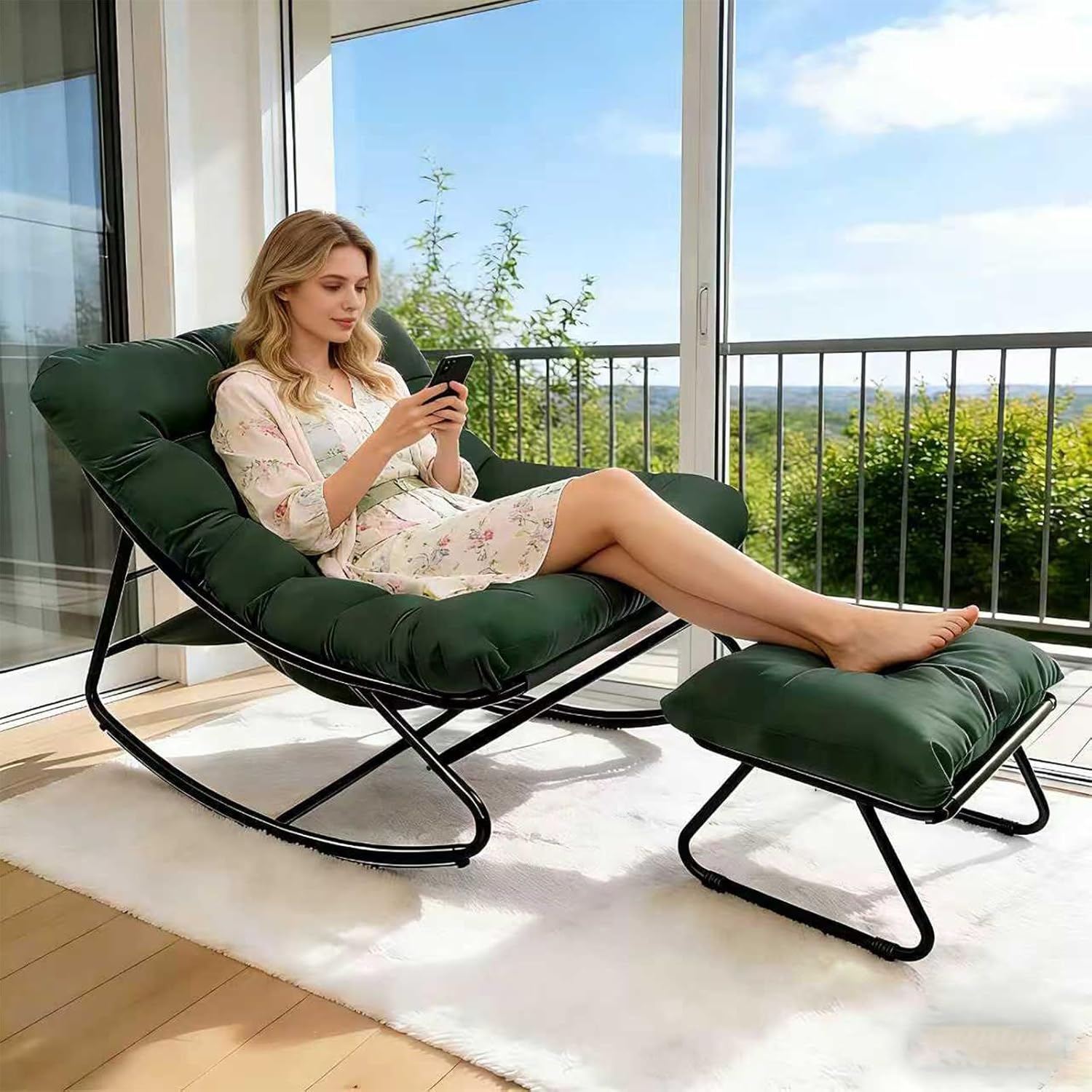 Schaukelstuhl mit Hocker, Schaukelsessel Relaxstuhl, Schaukelstuhl Wohnzimmer, Relaxstuhl mit Gepolstertem Kissen bis 150 kg Belastbar, Schaukelliege Outdoor Innen für Garten, Schlafzimmer (Grün-yi)