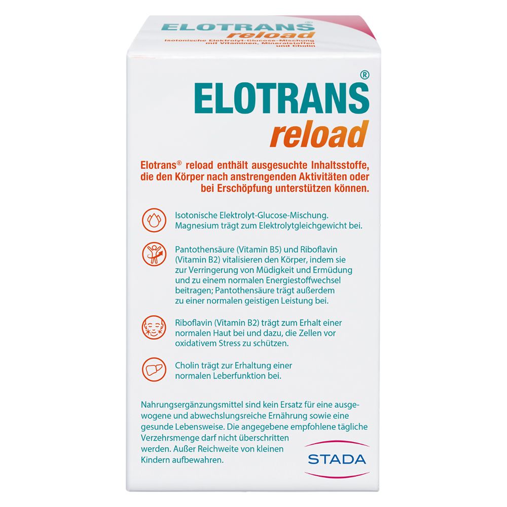 Elotrans® reload – Veganes Trinkpulver – nach anstrengenden Aktivitäten oder bei Erschöpfung, Isotonische Elektrolyt-Glucose-Mischung