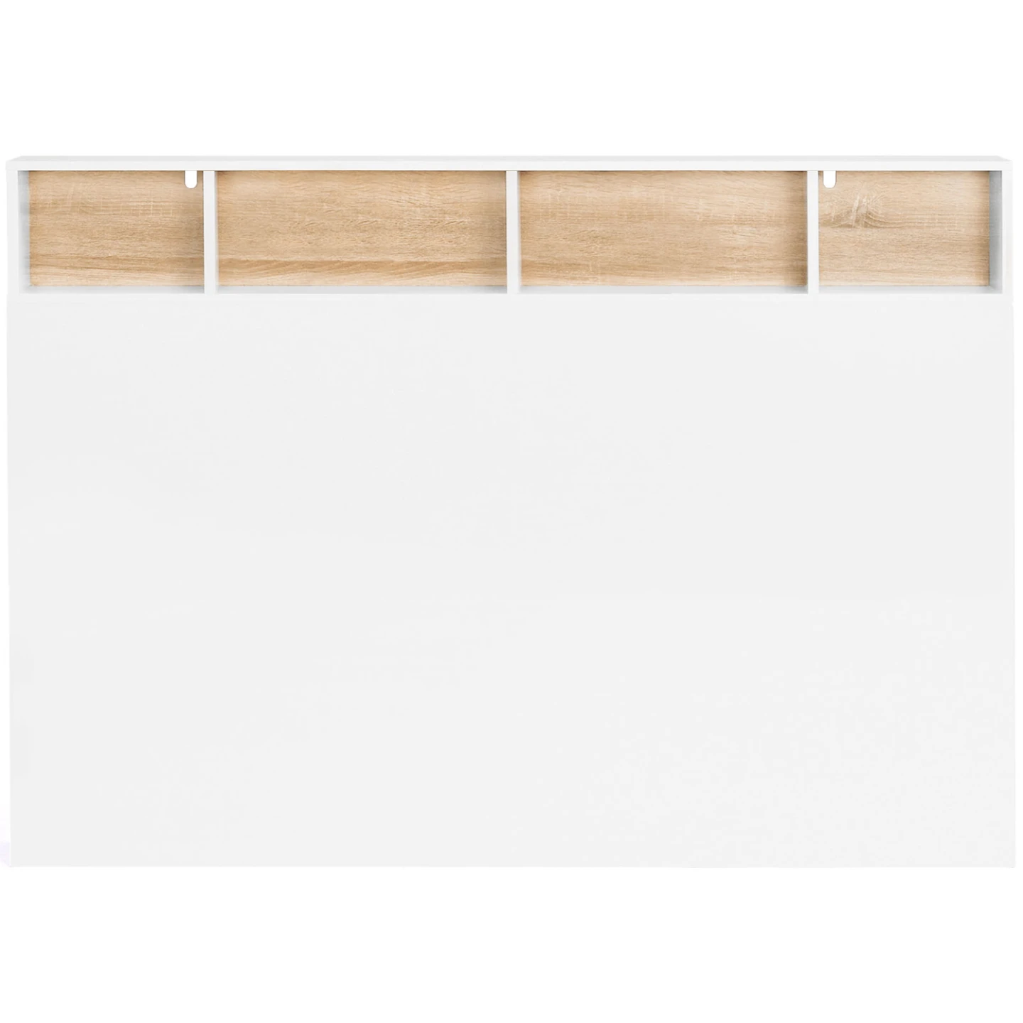Tête de lit sur pied CLEO 165 cm avec rangements fermés et niches blanc et façon hêtre