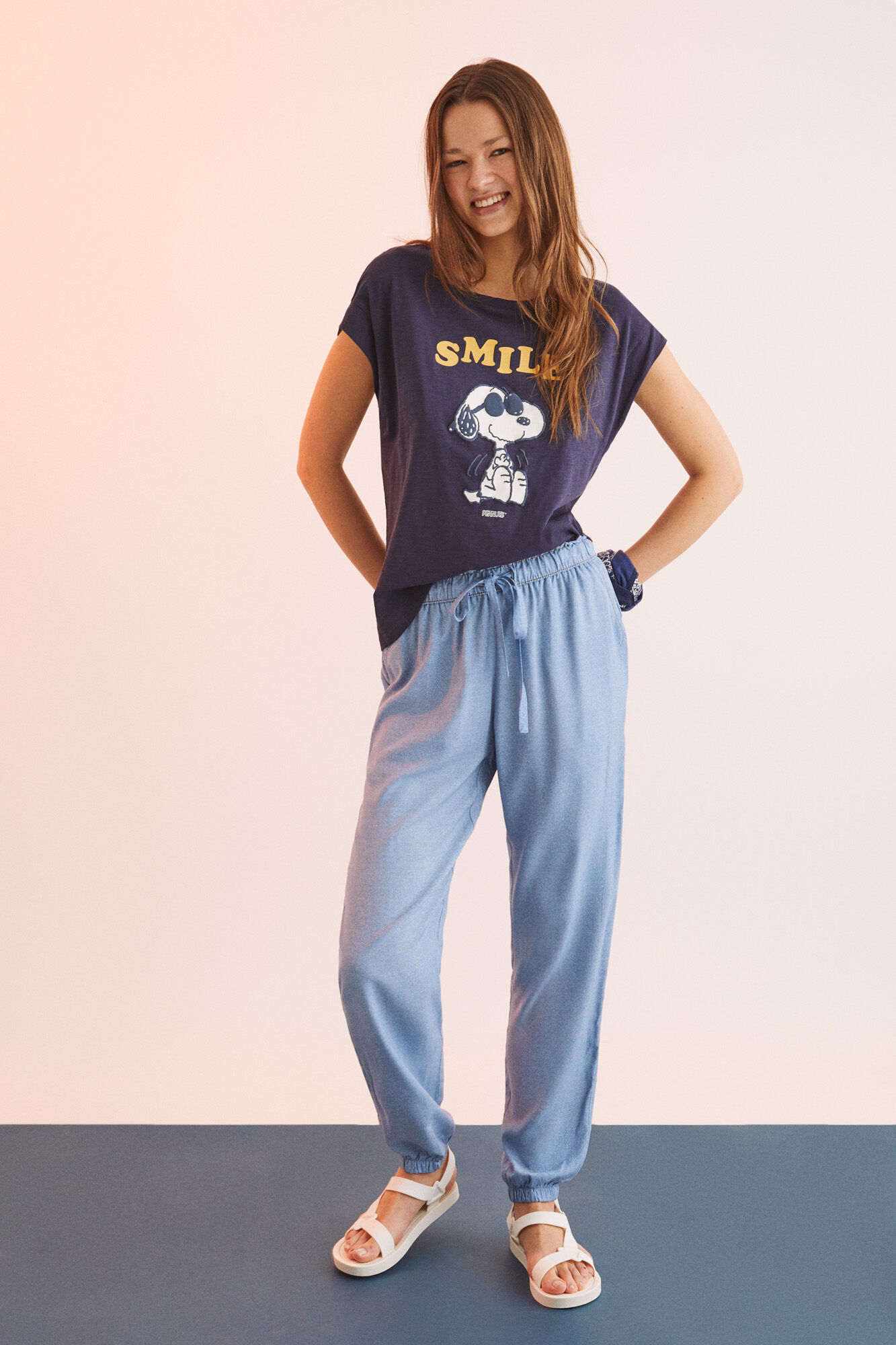 Camiseta de algodão de manga curta Snoopy, azul marinho - azul