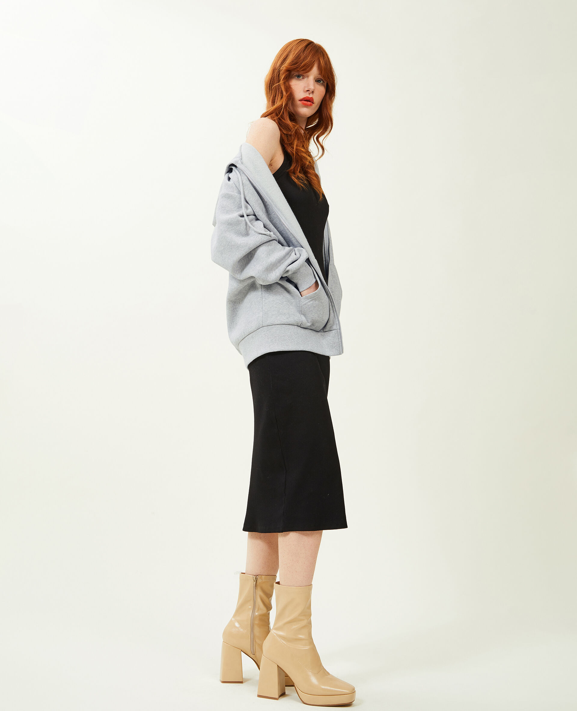 Sweat zippé oversize avec capuche - Gris chiné