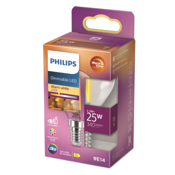 Philips LED kogel E14 25W filament helder warmglow dimbaar