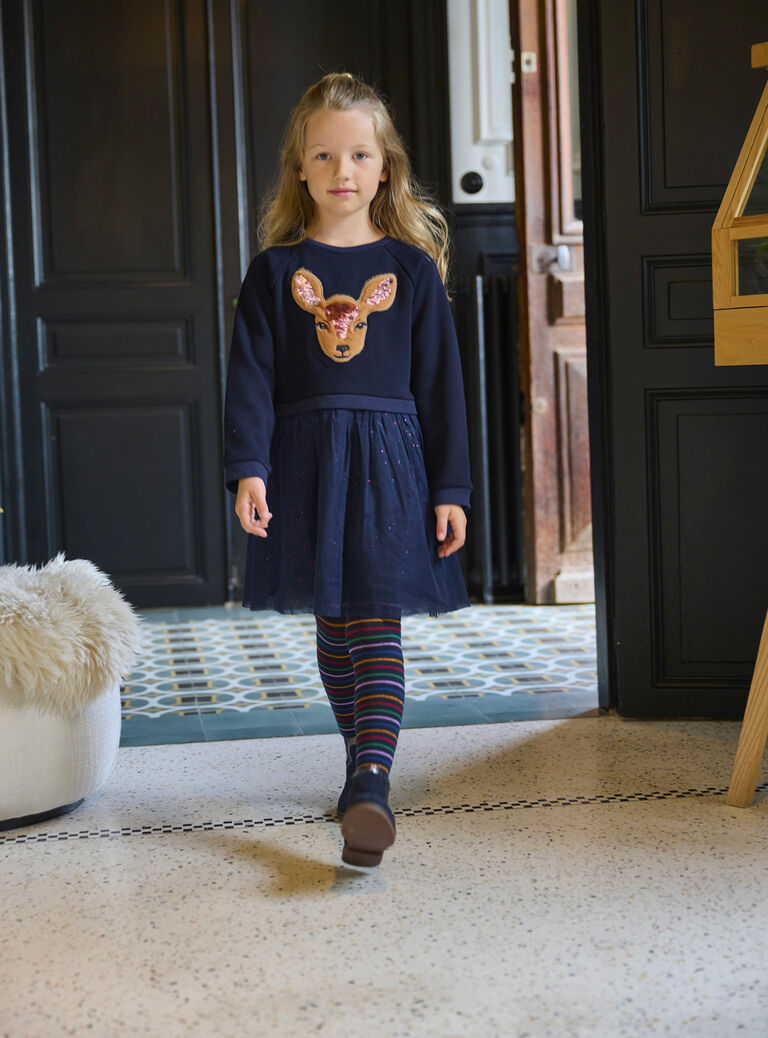 Robe sweat noirine à animation tête de biche pour fille