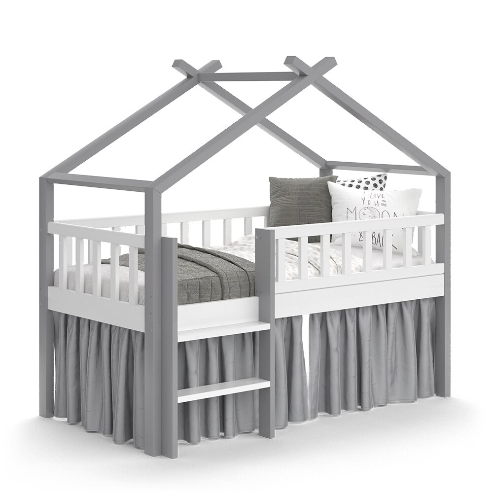 VitaliSpa Kinderbett Bettenhaus Einzelbett Adis Weiß Grau modern 168x158 cm Kinderzimmer Rausfallschutz Massivholz Lattenrost Bettleiter Hausbett Hochbett