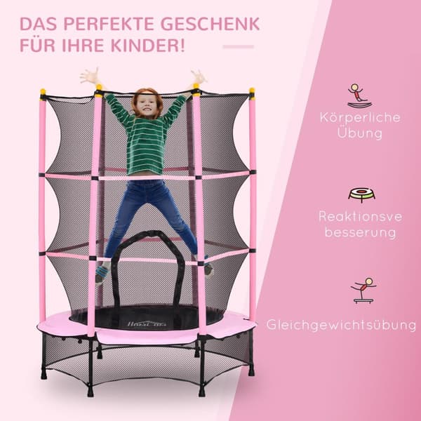 Barnetrampolin Ø140 cm, trampoline med sikkerhetsnett, kanttrekk, hagetrampolin for barn 3-10 år, kan holde opptil 50 kg, rosa