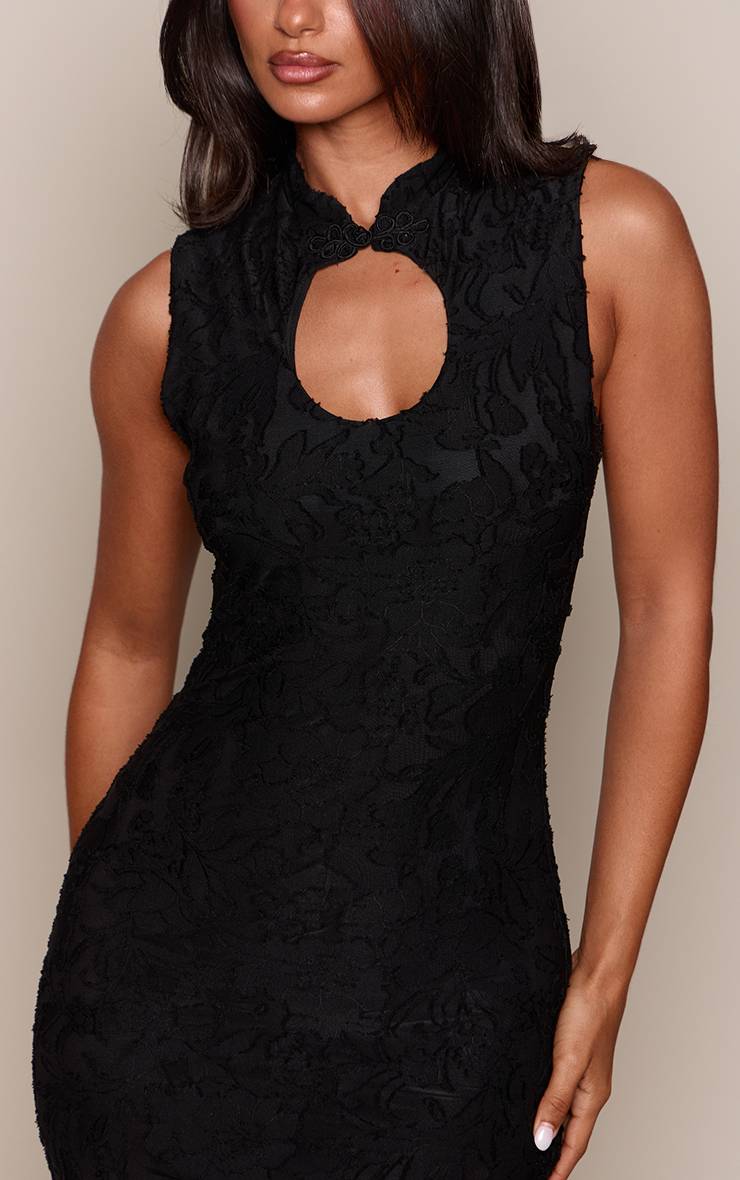 Noir Robe Mini Moulante Sans Manches À Boutons Grenouille En Devoré Petite