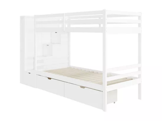 Lits superposés avec 2 tiroirs, étagère de rangement et escaliers de rangement - 2 x 90 x 200 cm - Pin + MDF - Blanc