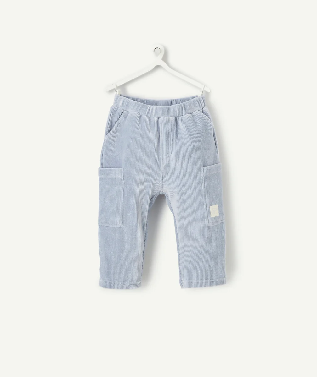 PANTALON DROIT BÉBÉ GARÇON EN VELOURS CÔTELÉ BLEU AVEC POCHES ET PATCH