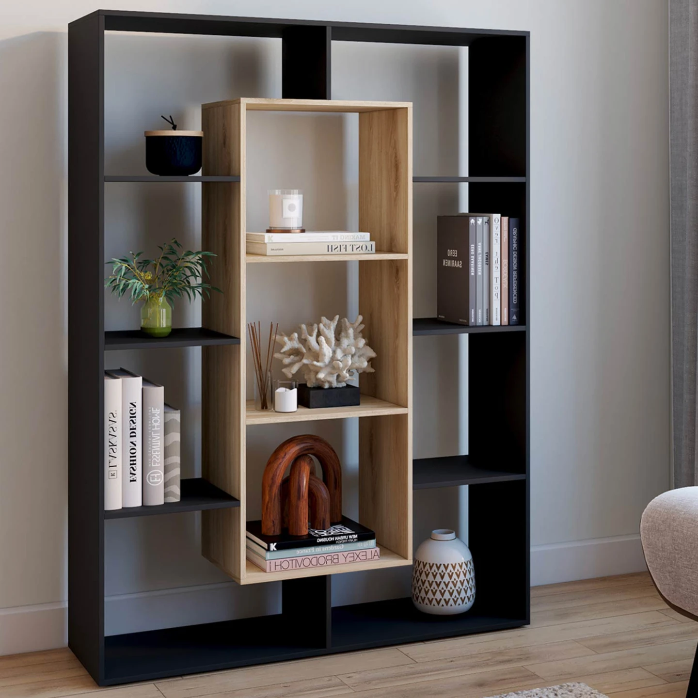 Etagère bibliothèque COLETTE avec 11 compartiments noir et effet bois H.143 cm