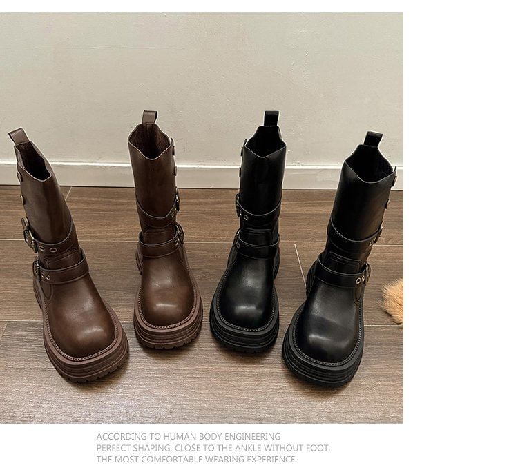Vindler - Platform Plain Buckled Faux Leather Short Boots