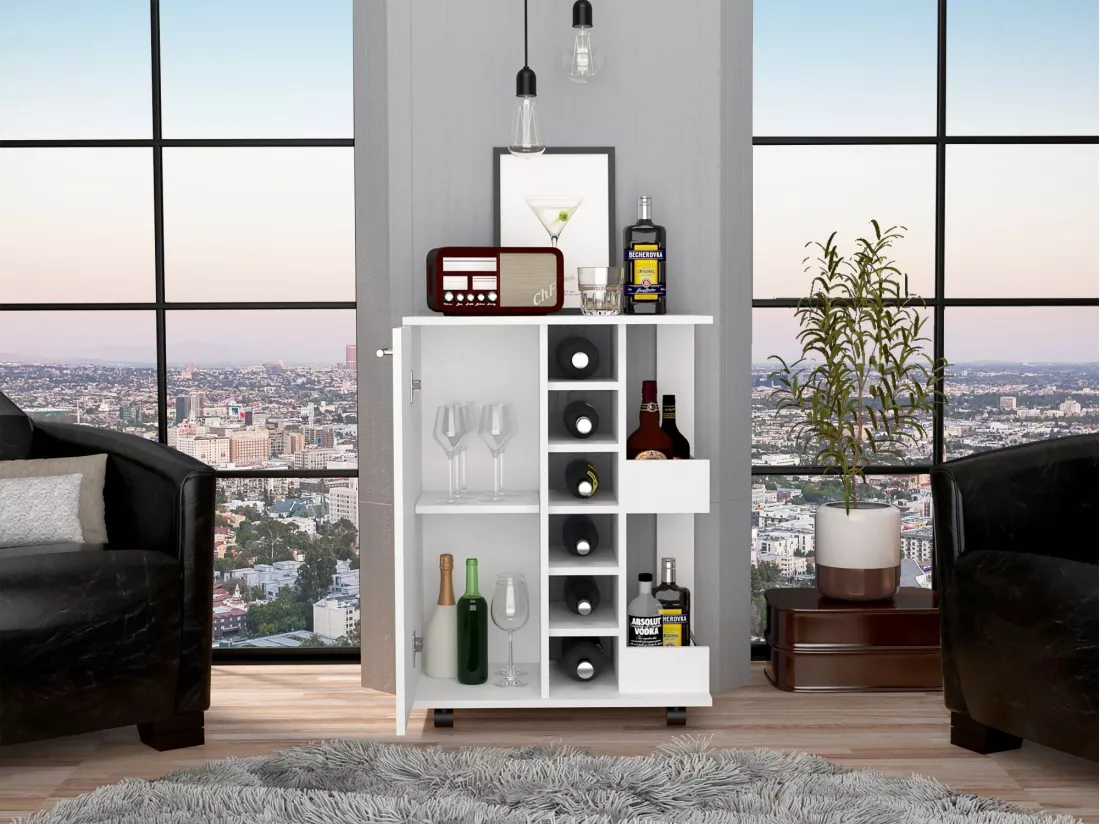 Chariot Bar, Bar Cart avec des roulettes et des étagères latérales
