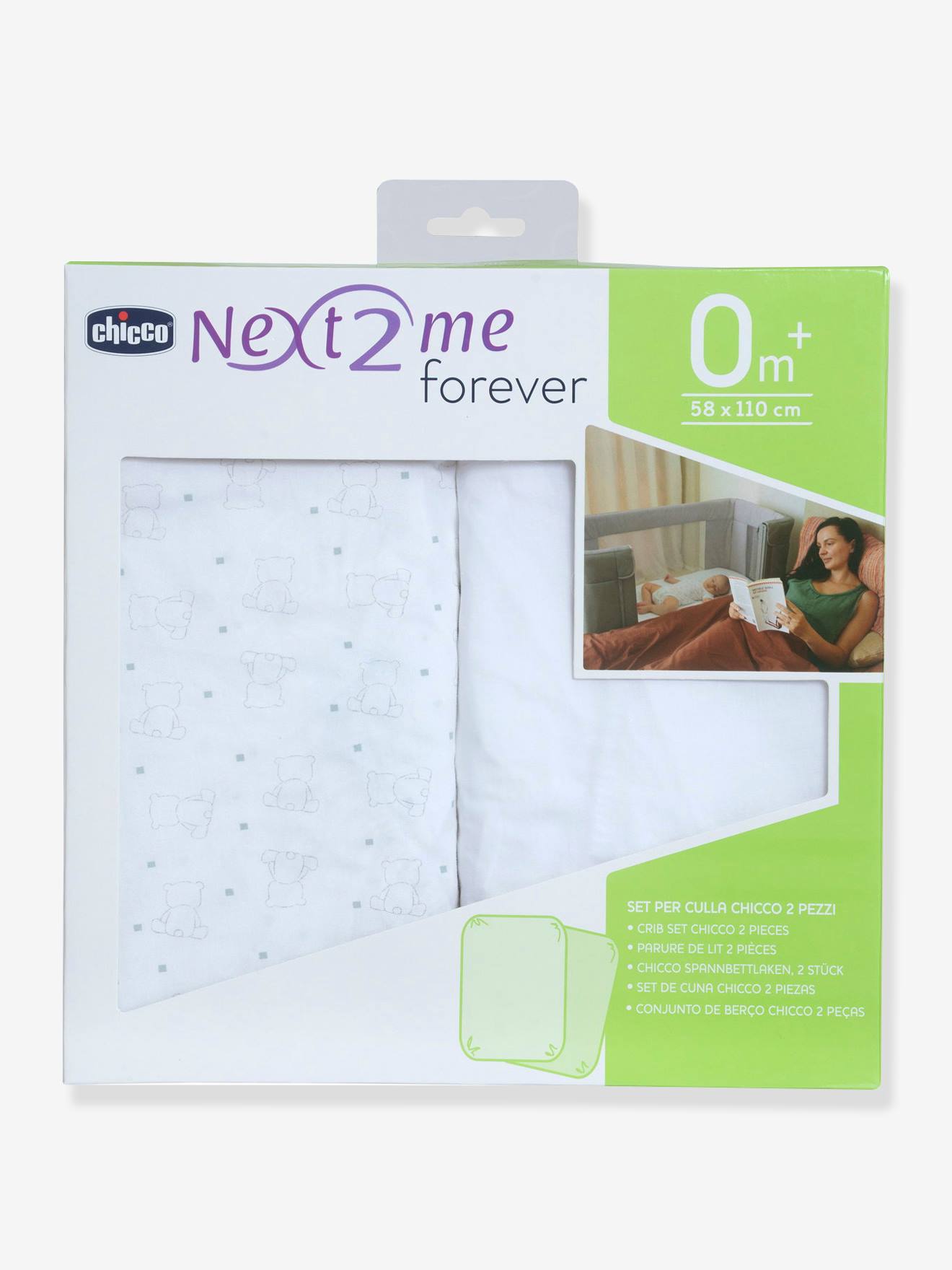 Conjunto de 2 lençóis de elástico para berço conversível CHICCO Next2Me Forever, estampa branca