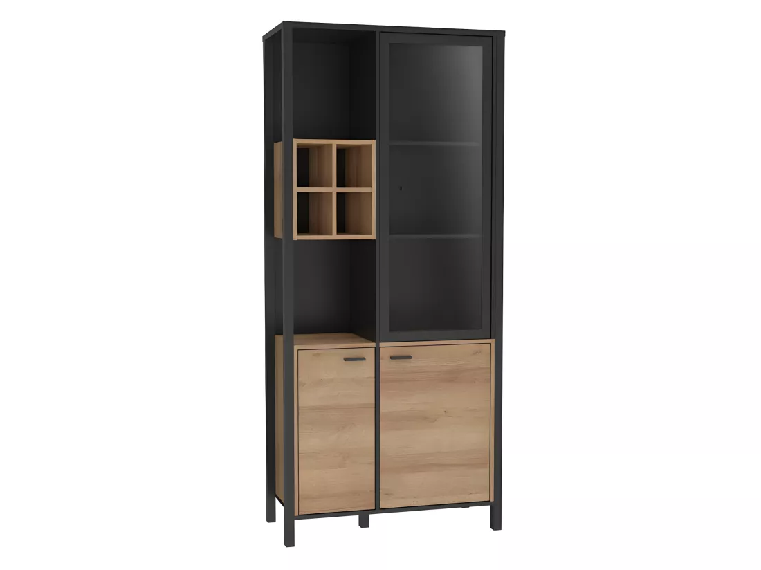 Vitrine 194 cm 3 portes 4 casiers décor bois de chêne et noir - MODE