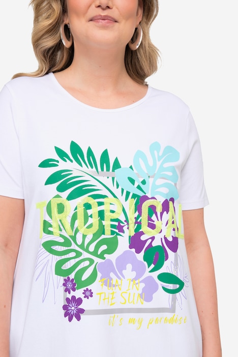 T-Shirt, lang, TROPICAL Motiv, Rundhals, Halbarm