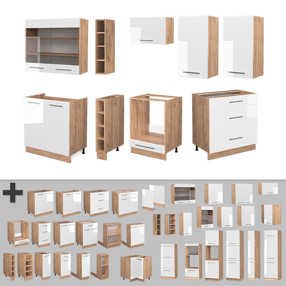 Vicco Küchenzeile Küchenblock Einbauküche Fame-Line Eiche Weiß 235 cm modern Hochglanz Küchen Schränke Hängeglasschrank Hängeschrank Schubladenunterschrank Spülenunterschrank Herdumbauschrank