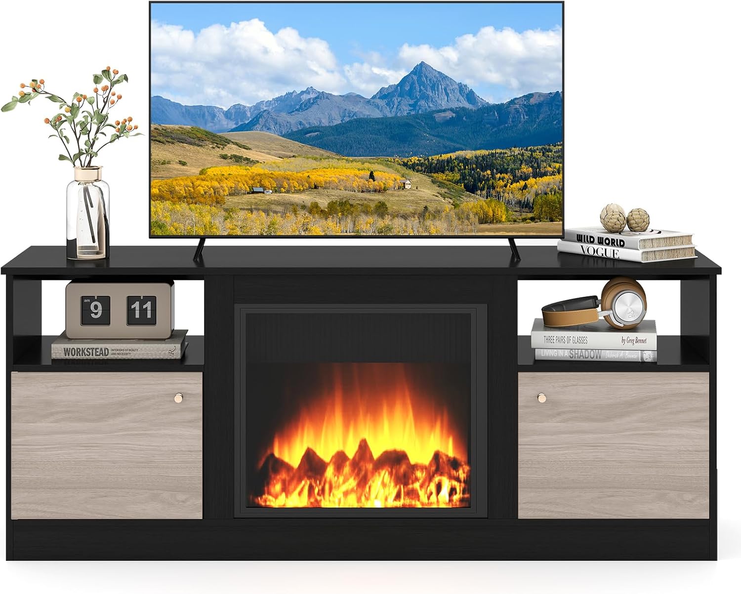 GIANTEX TV Schrank mit LED-Beleuchtung, Lowboard TV Board mit offenem Fach für elektrischem Kamin, Fernsehschrank Fernsehtisch für Fernseher bis zu 65 Zoll, TV Kommode TV Lowboard 147 x 40 x 60 cm