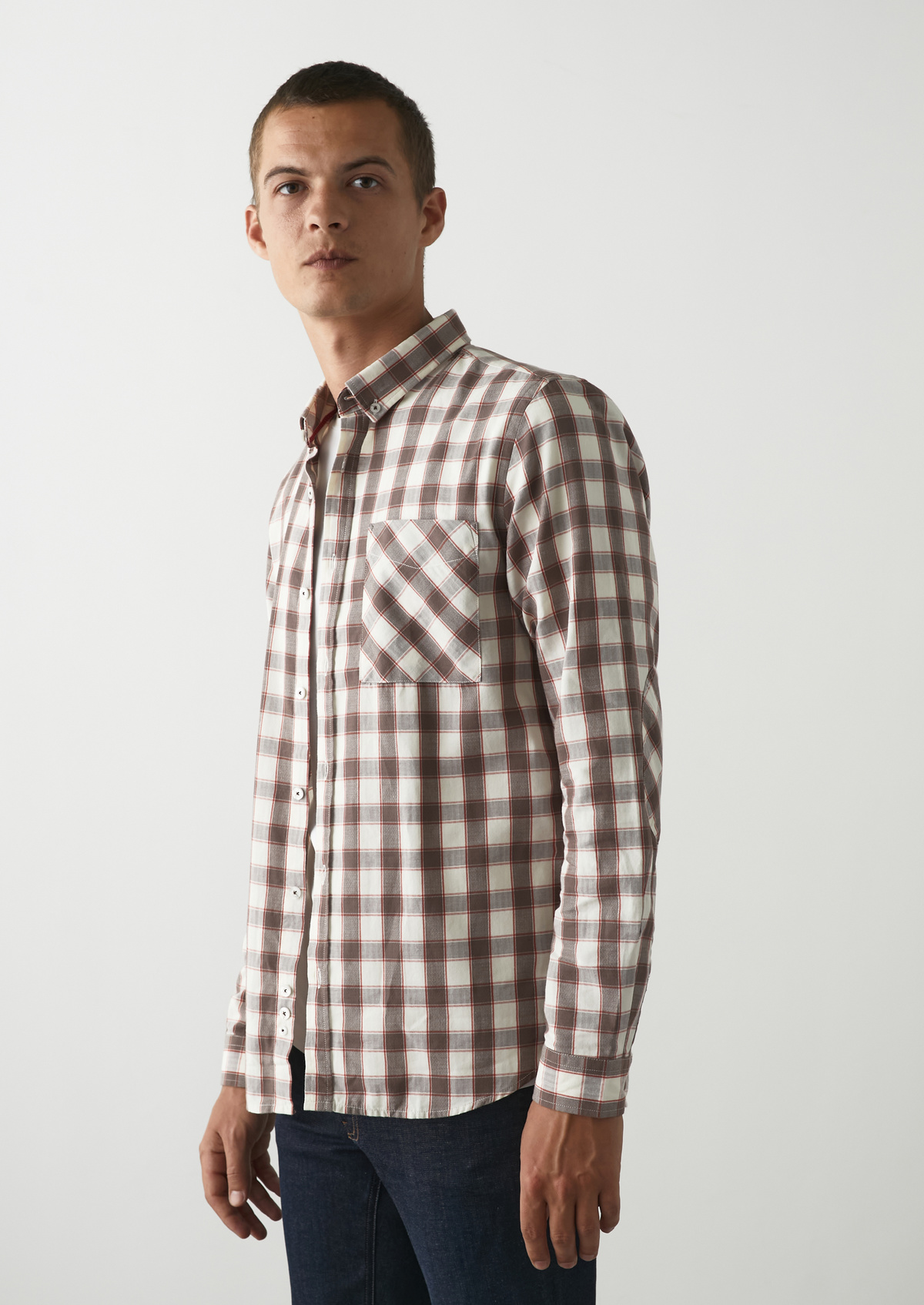 Chemise sport Slim en popeline de coton marron glacé à carreaux écrus