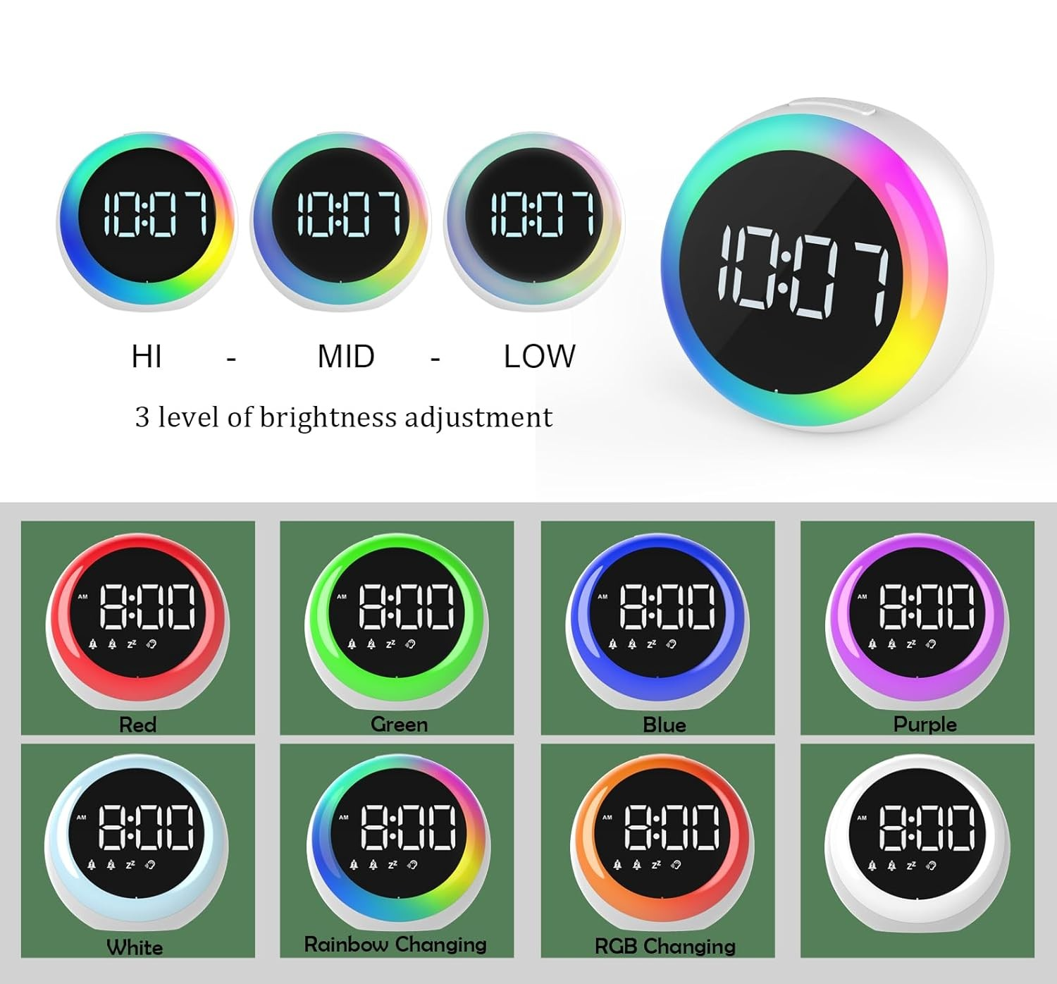 (Ø10cm) Digitaler USB Wecker Dimmbares Nachtlicht mit LED Beleuchtung   Schlummer Funktion - Weiss