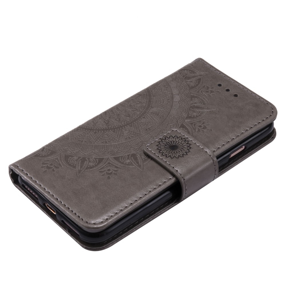 iPhone SE (2022/2020) / 8 / 7 / 6S Leder Tasche Wallet - Mandala Flowers Imprint - Grau
