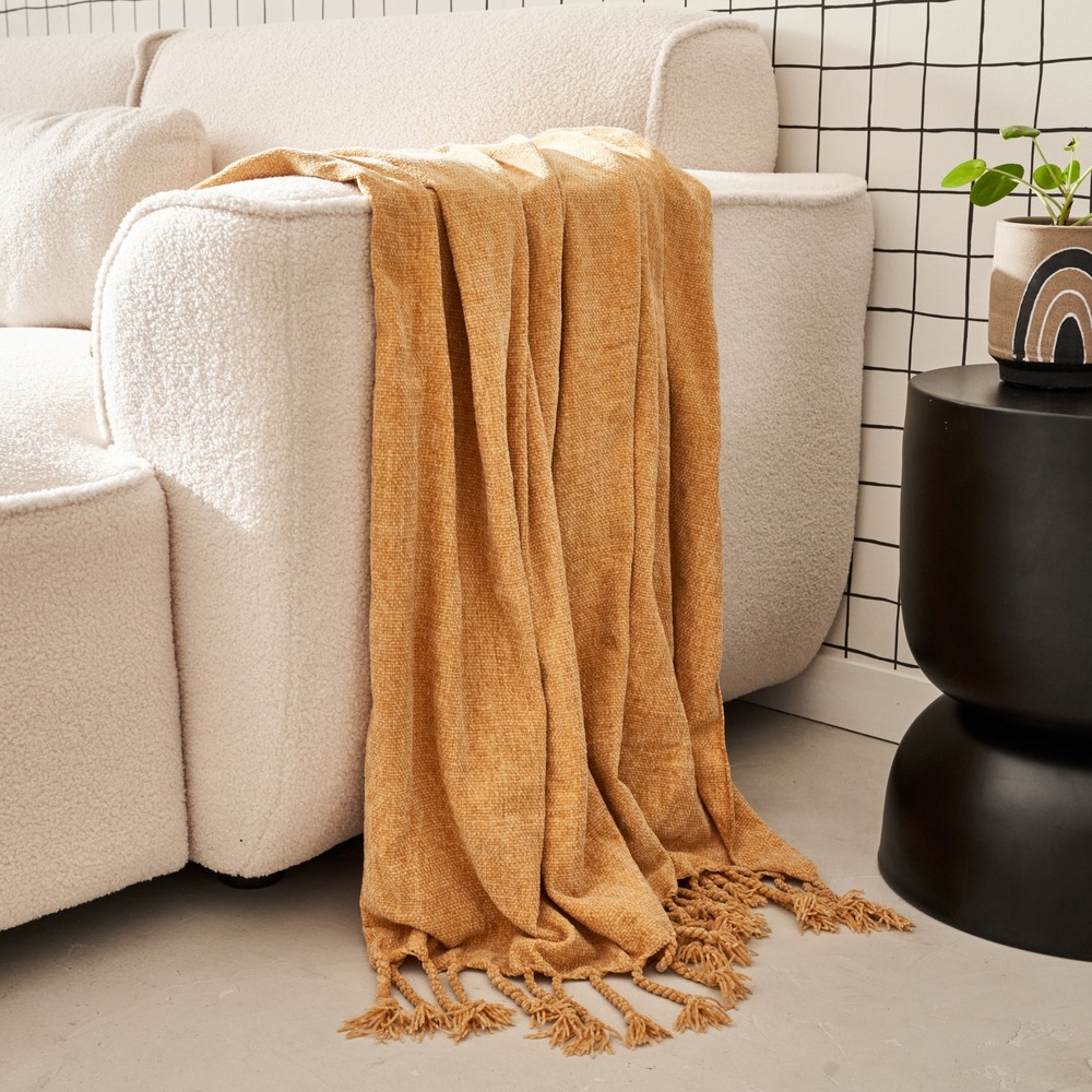 Plaid chenille jaune moutarde finition franges 130x170cm - suzanne