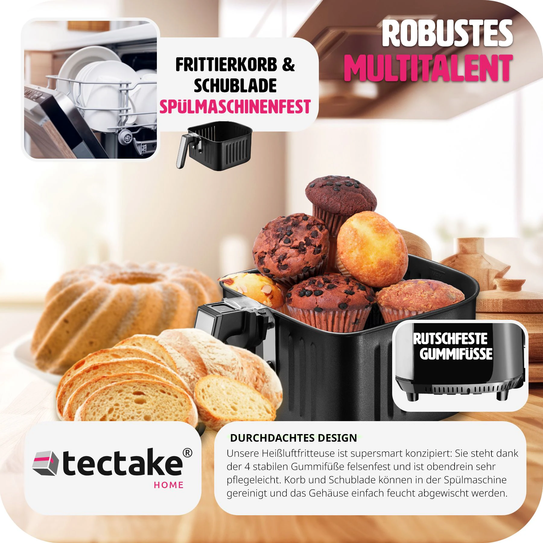 tectake® Heißluftfritteuse, 10,2 l, 1800 W, Timer und Temperatursteuerung, SGS-Zertifikat, inklusive Rezeptheft