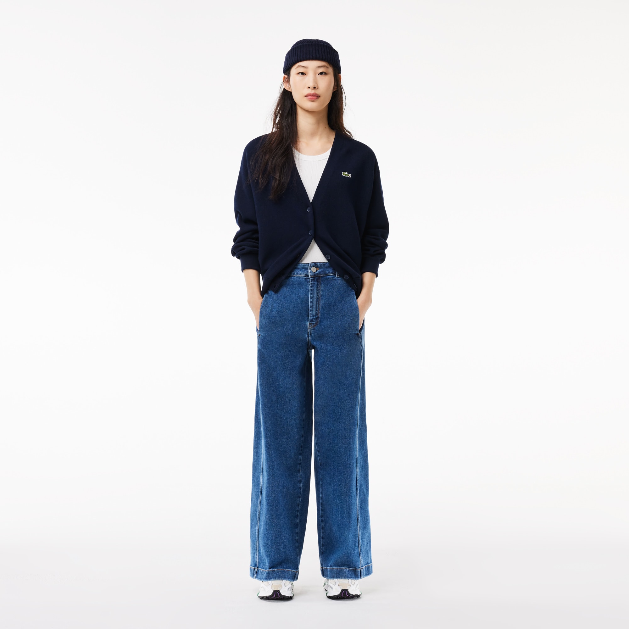 Cardigan col V femme Lacoste en coton biologique Pullovers - Bleu - Lacoste - Femme