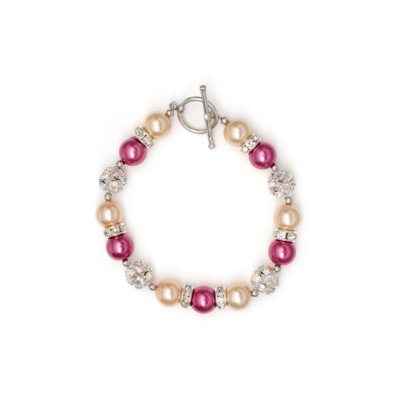 Bracelet 1 Rang en Perles Orange et Rose, Cristal et Plaqué Rhodium