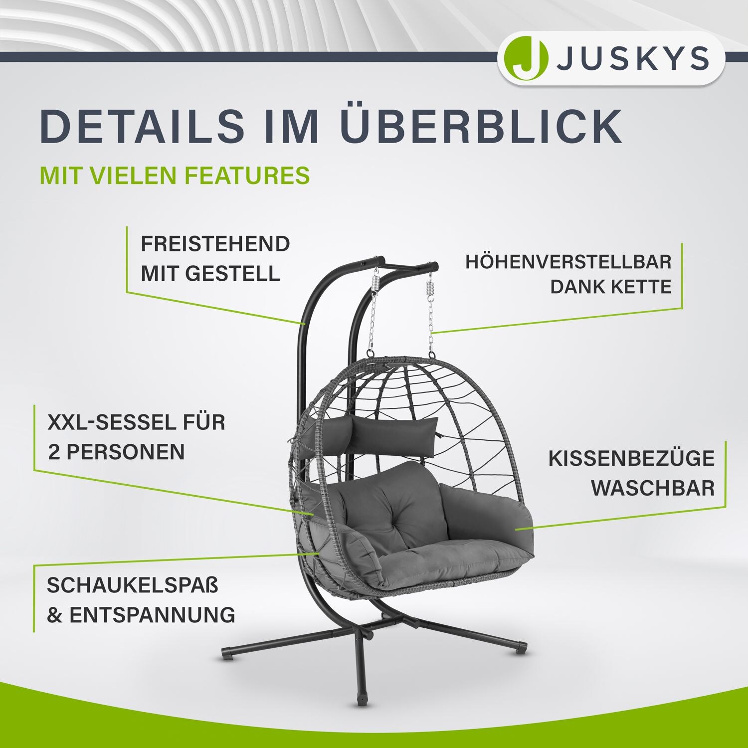 Juskys Doppelhängesessel Aria - Polyrattan Hängesessel mit Gestell & Kissen - 2 Personen - Grau