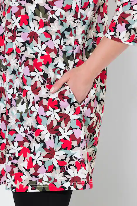 Longshirt, Blüten, A-Linie, V-Ausschnitt, 3/4-Arm, bordeaux
