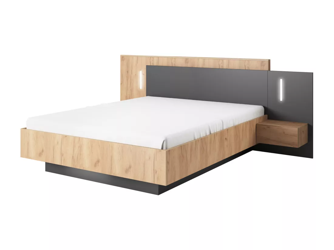 Lit avec chevets 140 x 190 cm - 2 tiroirs - Avec LEDs - Coloris : Naturel et anthracite - FRANCOLI