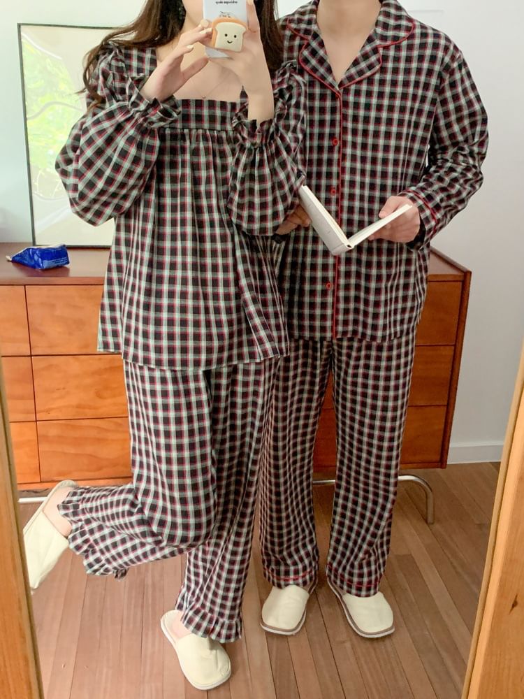 Tanee - Koppel bijpassende pyjamatop met pofmouwen en ruches, geruit, top, shirt, broek en set