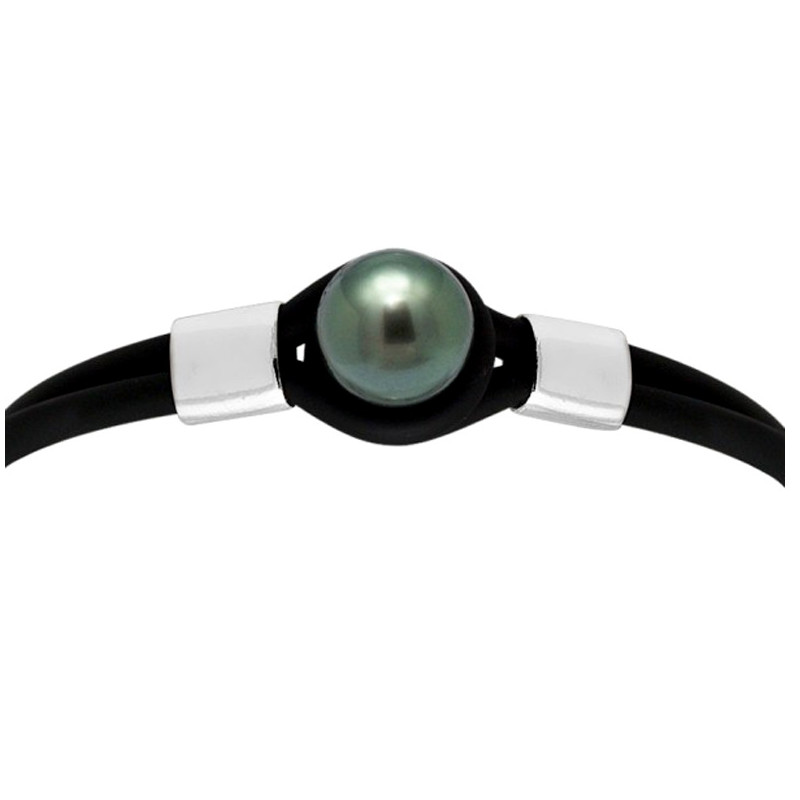 Bracelet Homme-Femme Néoprène Noir, Perle de Tahiti Noire de 10 mm et Argent Massif 925/1000