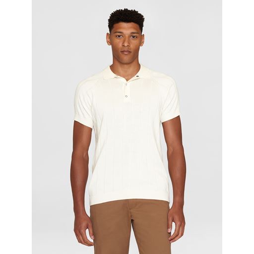 Knowledge Cotton Apparel Stribet Strikket Polo T-shirt, Egret, XL