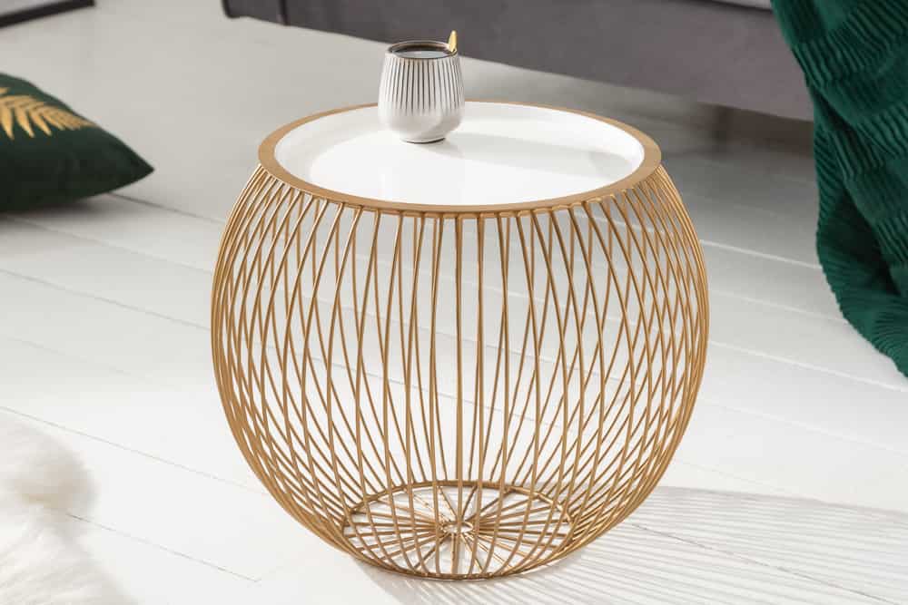 Runder Couchtisch STORAGE 40cm gold weiß Metall Tablett Beistelltisch mit Stauraum handmade