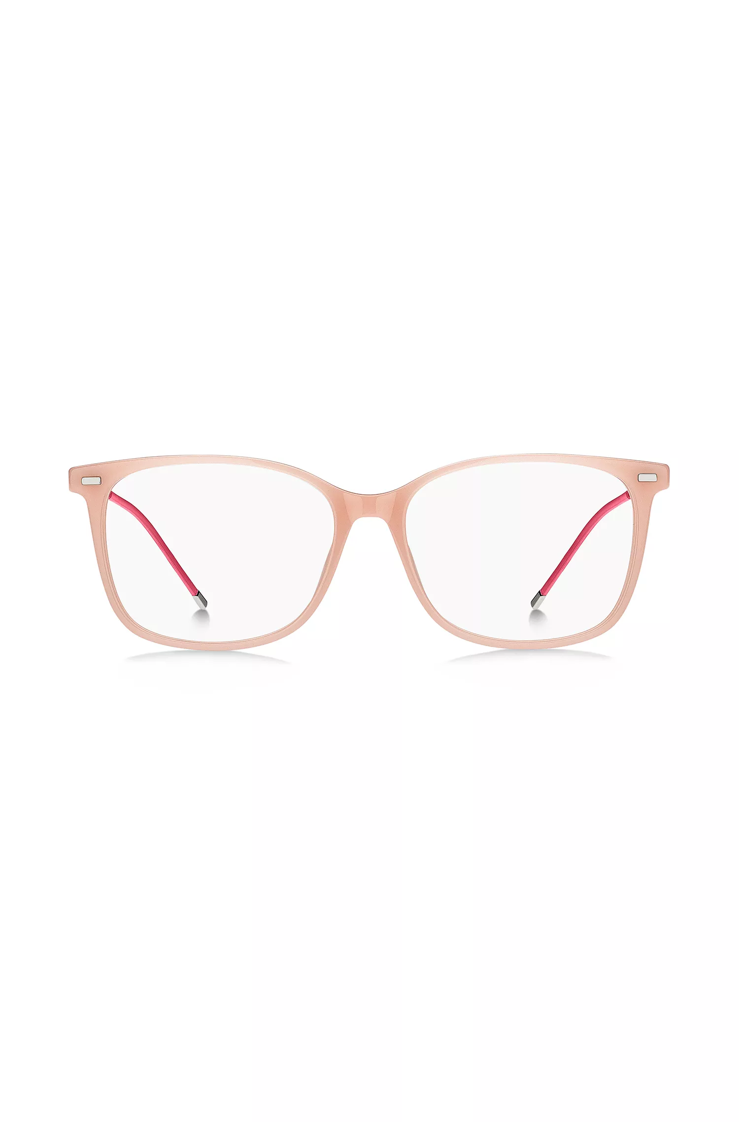 Óculos de grau BOSS em acetato preto e rosa com corrente personalizada.