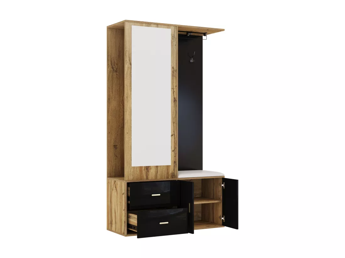 Armoir 100x38x108.1cm - Avec miroir - Avec meuble à chaussures - Avec crochets et cintres rétractables - Noir + Naturel