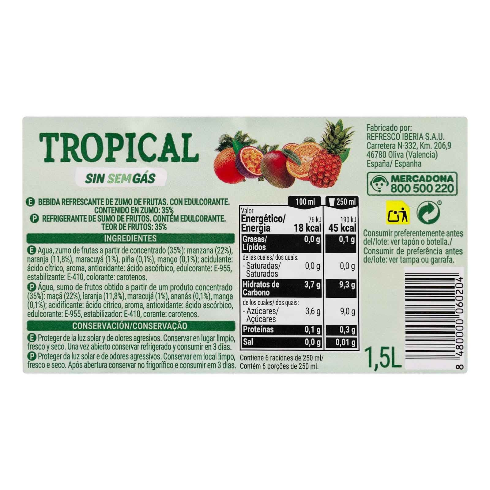 Boisson rafraîchissante tropicale Hacendado sans gaz