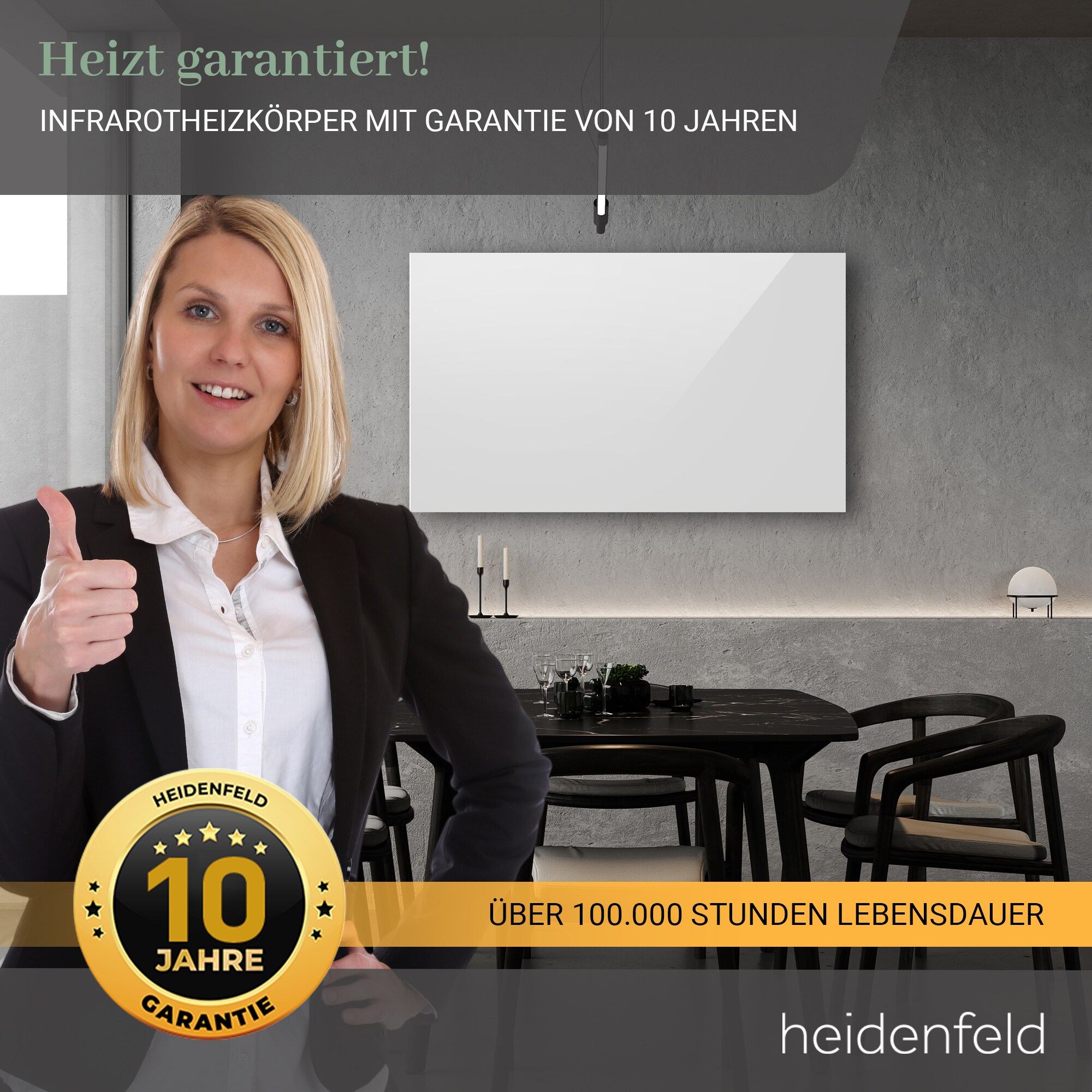 Heidenfeld Infrarotheizung HF-HP130, 10J Garantie, rahmenloses Design, Wand- und Deckenmontage (1000 Watt)