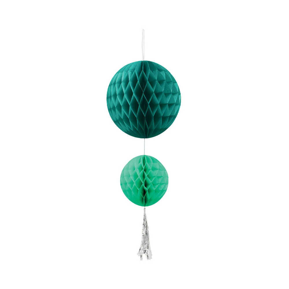 Suspension 2 boules avec pompon papier vert