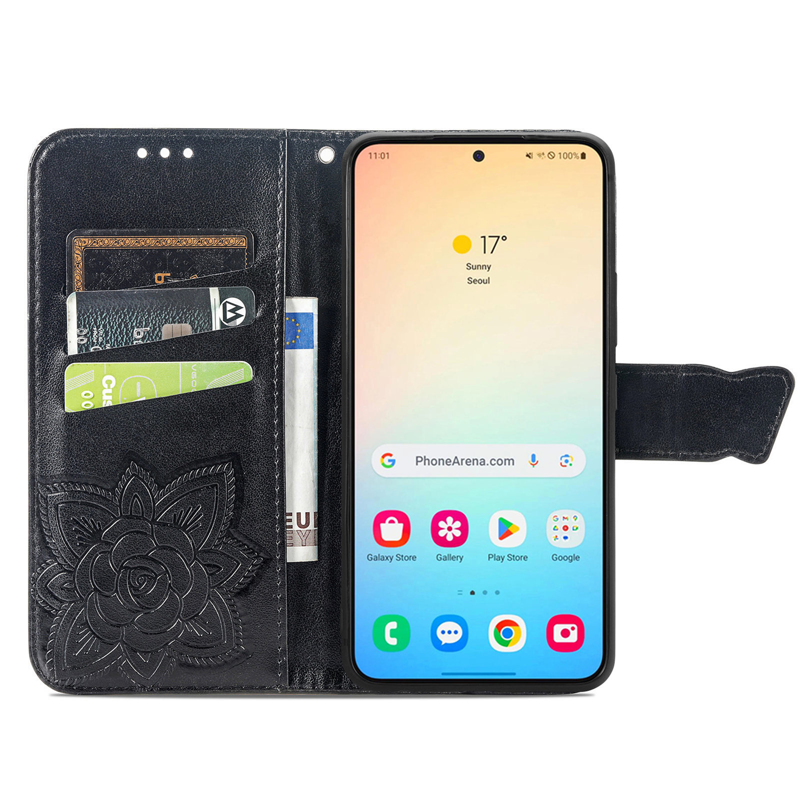 Samsung Galaxy S25  Plus Leder Tasche Flip Cover Schmetterlinge Imprint - Schwarz